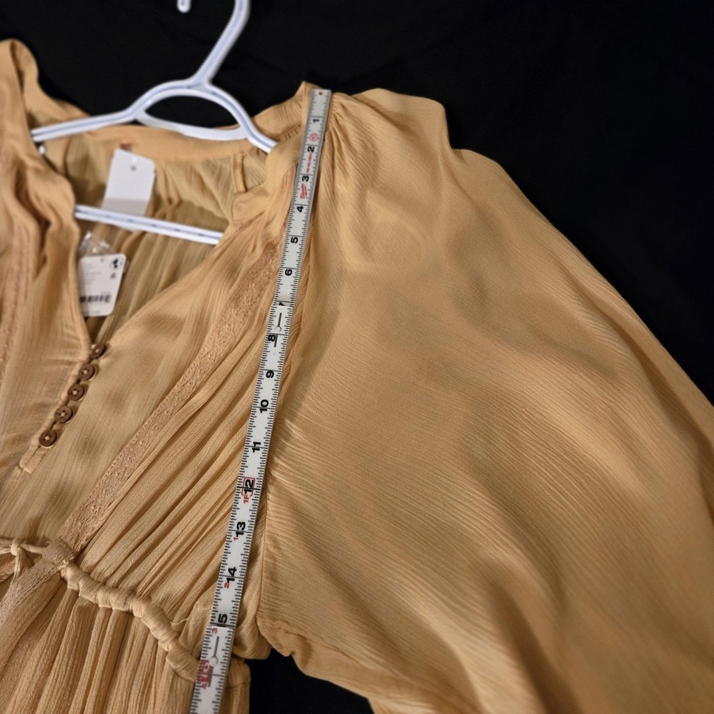 Free People Dress Womens Large Gold Crossroads Maxi V-Neck Sleeve Boho Peasant - Picture 5 of 16